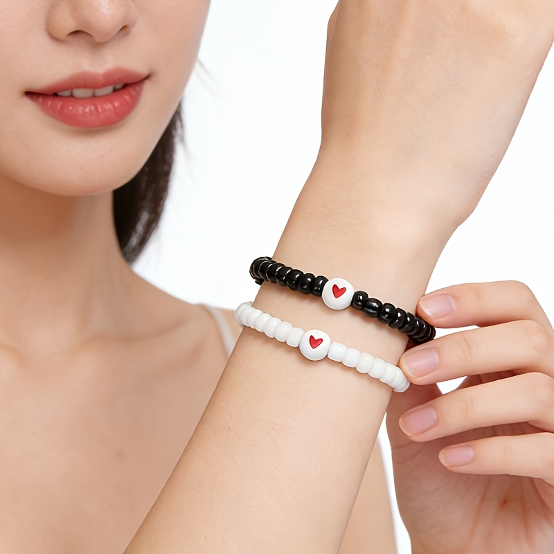 TEMU 2pcs Heart Couple Bracelets, Black And White Contrast All-match Hand Jewelry