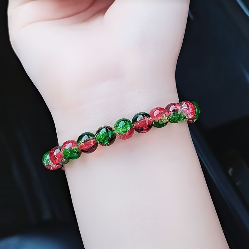 

Boho Style 1pc Christmas Spirit Elastic Bracelet With Red And Green Glass Beads - No Plating, Festive Gift For Christmas And