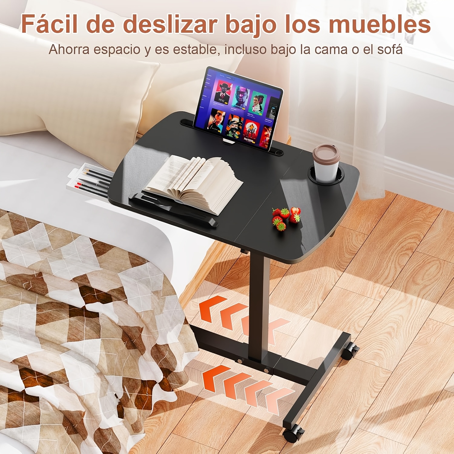 Image of Adjustable , 60x40x59-89cm, Adjustable Tabletop, Bedside Table With Lockable Wheels, Sit-stand Workstation For Living Room, Bedroom, Office Black