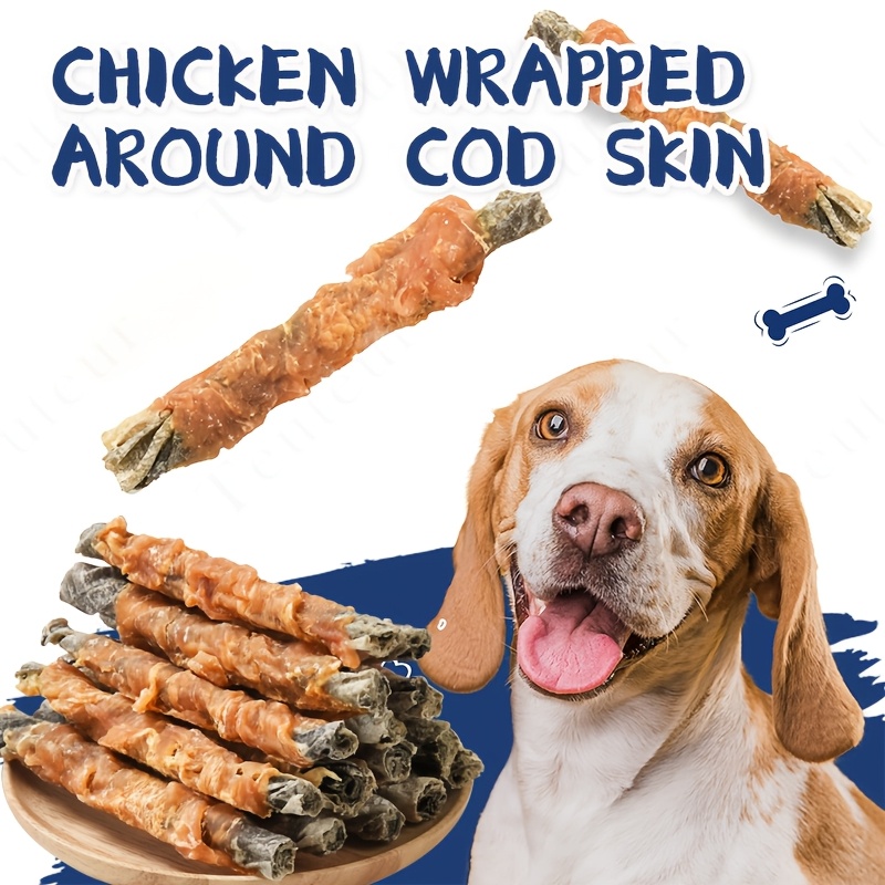 TEMU "chicken Wrapped Cod Fish Skin Dog Treats, Meat Jerky Rolls And Fish Skin Sticks For Training Rewards, Everyday Treating And Chewing Time,