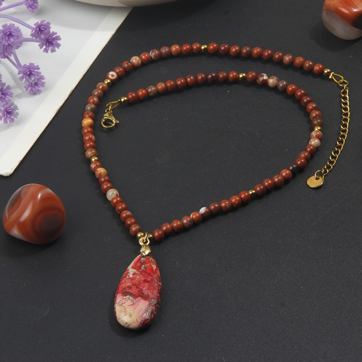 Natural Red Aventurine Beads Necklace with Teardrop Pendant