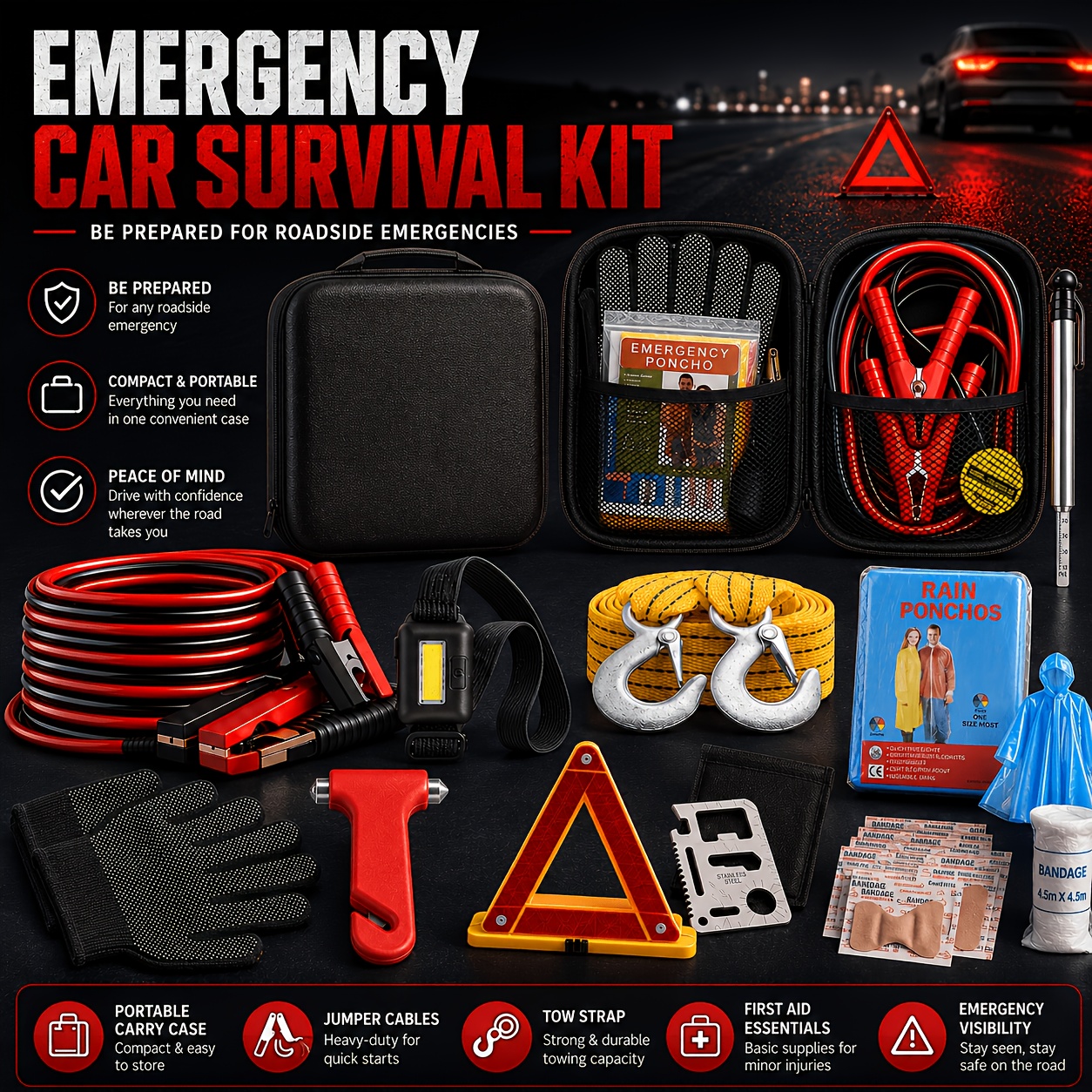 TEMU In- Car Emergency Jump Starter Kit With Battery Jumper Cables Suitable For Car, Trucks, Suvs - Portable Roadside Safety For Battery, Vehicle,