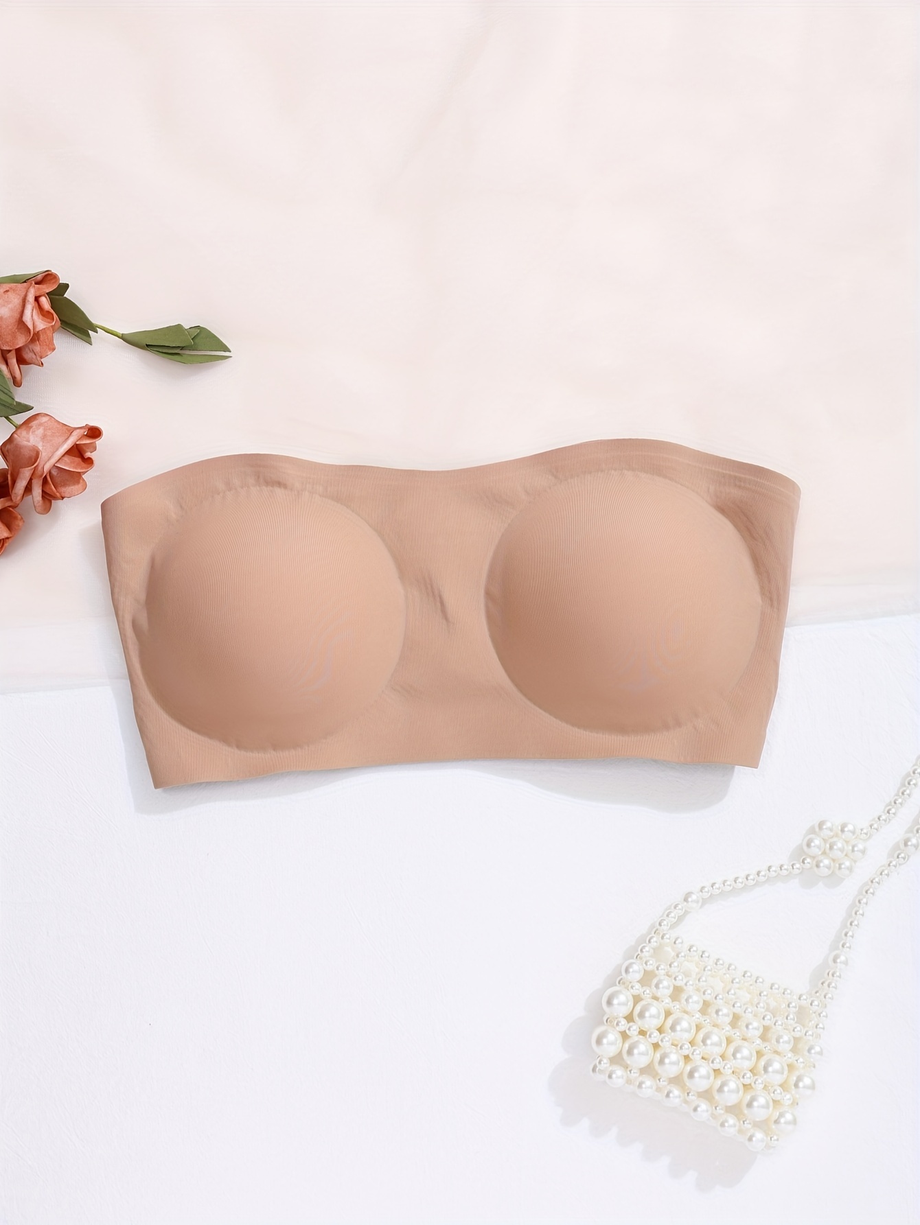 Women's Seamless Solid Color Strapless Bandeau Bra with Side Clasp - Casual Style, Knit Fabric, Polyamide Blend (85% Polyamide, 15% Elastane), Removable Padding, High Support Wireless Design for Adults