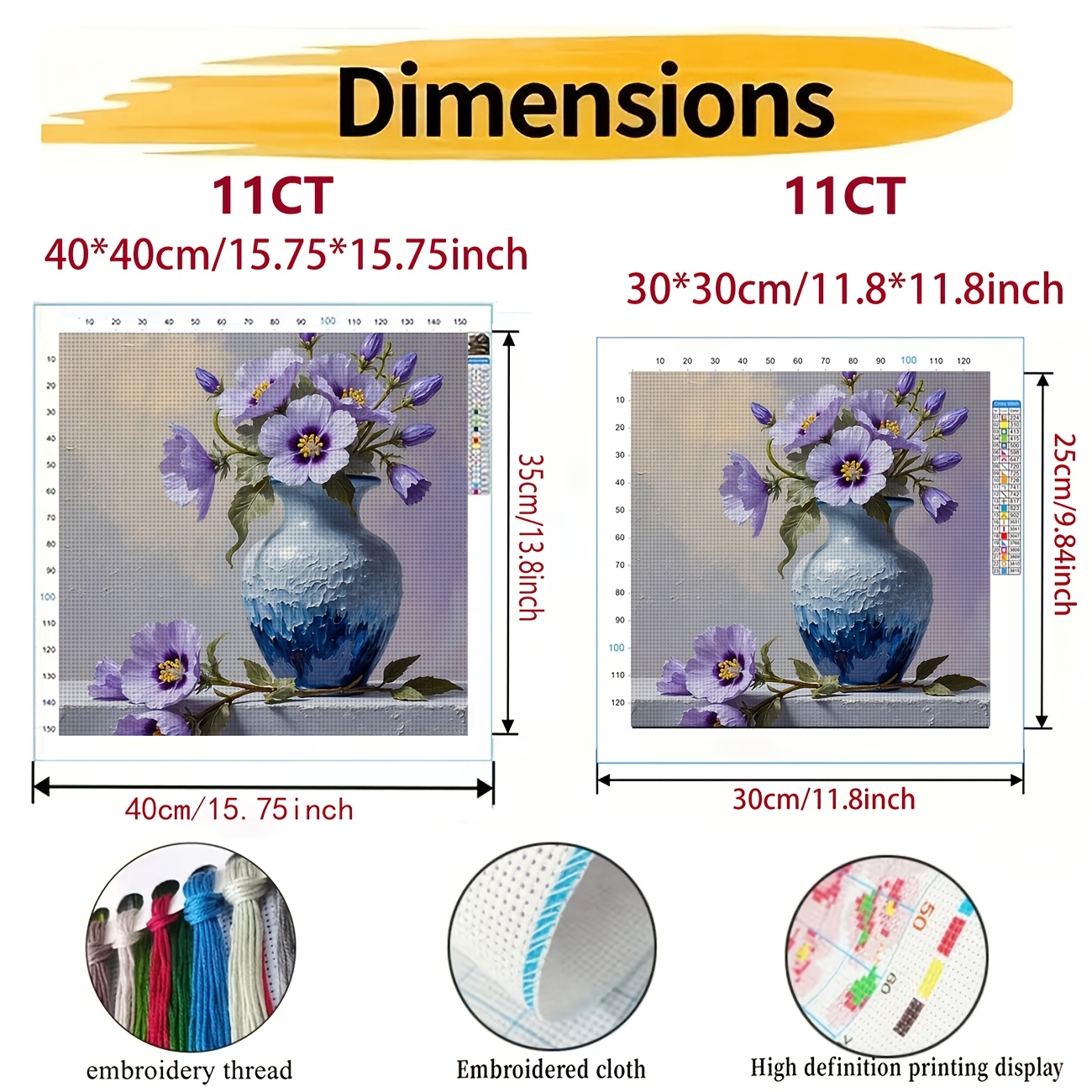 DIY Cross-Stitch Printed Kit, "Blue Bottle with Blooming Purple Flowers"