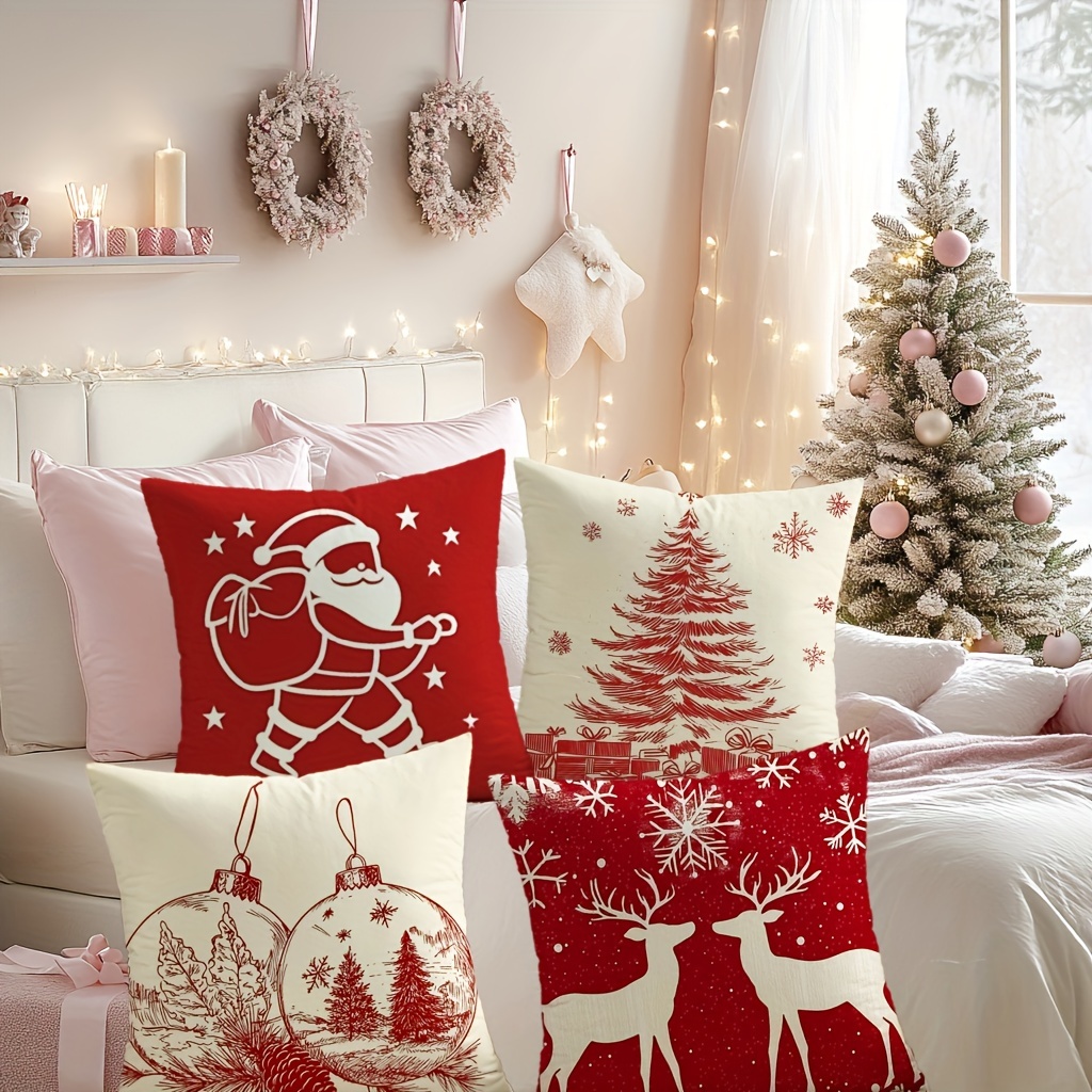 

4pcs Christmas Throw Pillow Covers Set - Reindeer, Tree & | 17.7" Square | & Bedroom Decor | Machine Washable Polyester Holiday Decorations