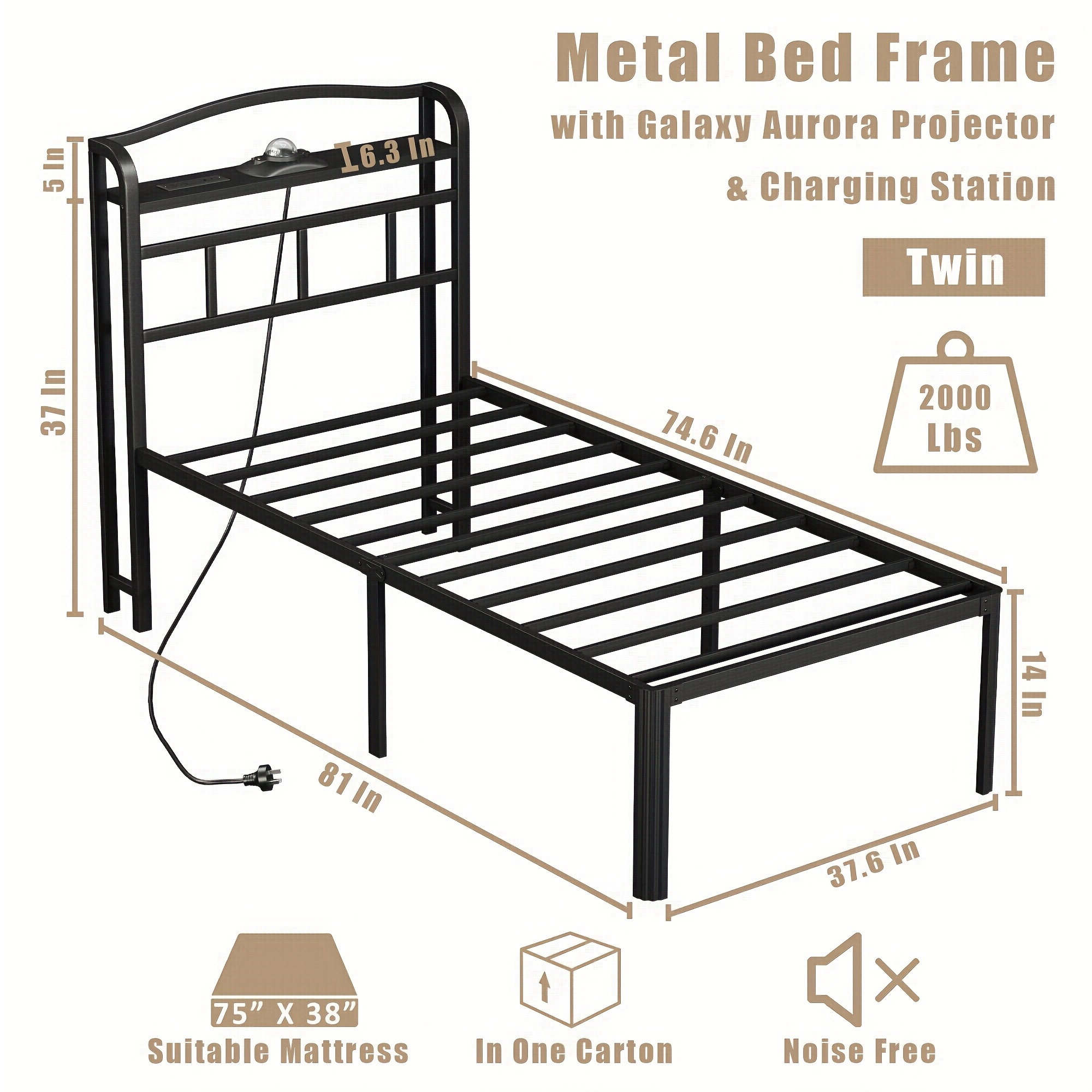 TEMU Metal Bed Frame - 14 Inch Heavy Duty Bedframe With Headboard & Charging Station Basic Steel Slats Platform With Aurora Projector Spring Needed, Noise-free