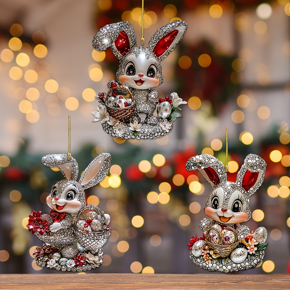 

2d Flat 3pcs Contemporary Acrylic Easter Bunny Ornaments, Animal Themed Hanging Decorations, Multi-functional Flat Pendants For Easter Holiday Decor, No Electricity Needed