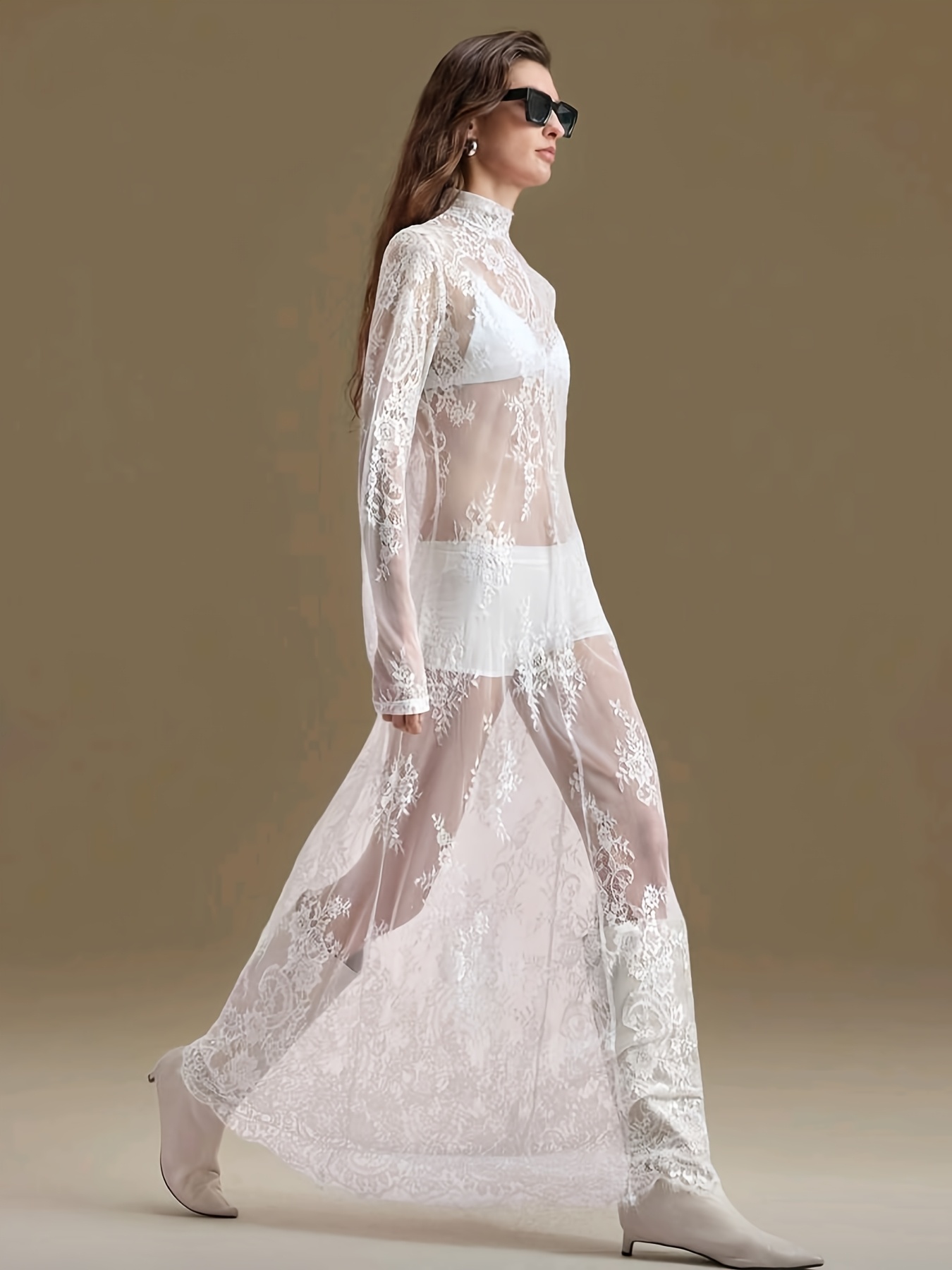 elegant semi sheer lace dress loose fit maxi dress suitable - Temu Mauritius