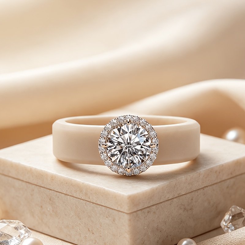Light Luxury Silicone Ring Holder with Halo Pave Round Main Stone