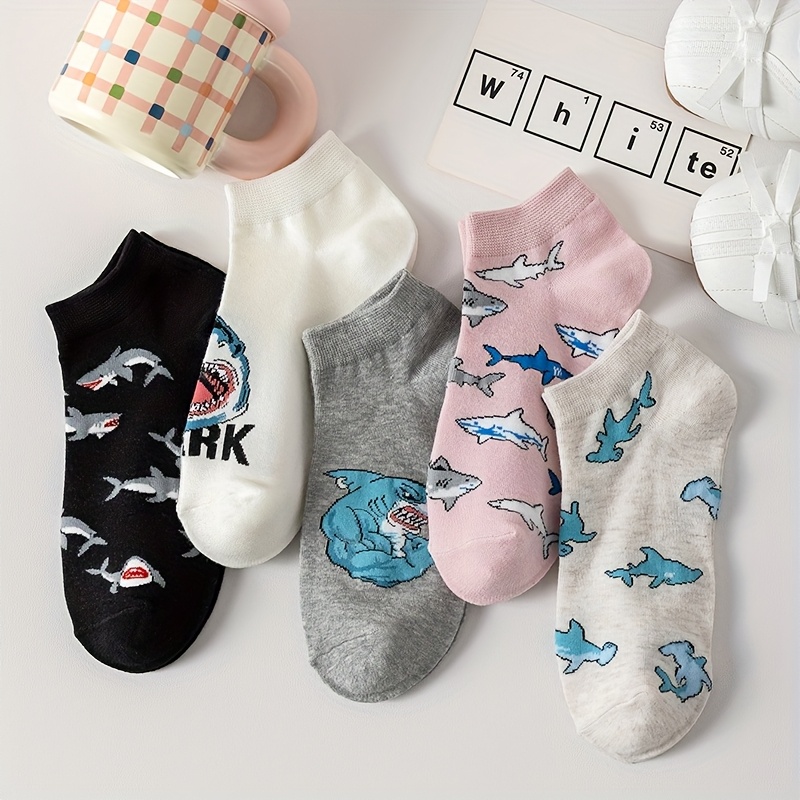 E-shop 5 Paar Neue Frühlings-Sommer Trendy Hai Muster Süße Damen Kurze Socken, Weiche Bequeme Atmungsaktive Lässige Vielseitige Dünne Flache Damen