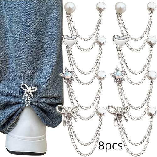 8 multifunctional clothing clips for hemming pants with metal star heart and bow designs suitable for shirts clothes and pants used for hemming fastening and decorating cute decorative clips for trouser legs sleeves and button chains