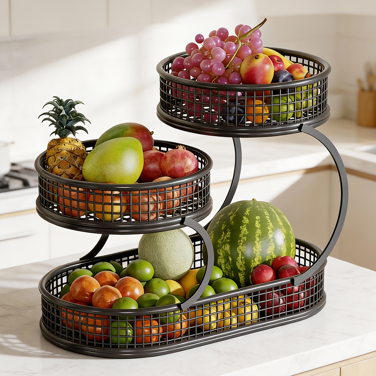 TEMU 3-tier Fruit Basket | Countertop Metal Wire Storage Stand For Fruits, Vegetables, Bread, Snacks | Brand: Lovewe, Contact Safe