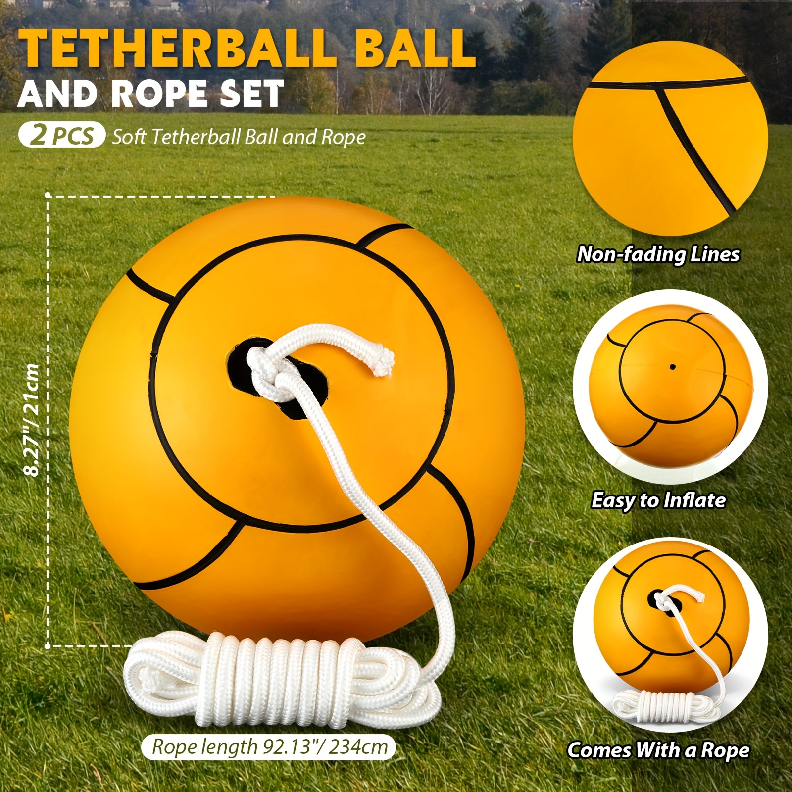 Tetherball Soft Tether Balls And Rope Set Game Replacement Tetherball Set Rubber Tetherball Equipment for Youngsters Adults Indoor Outdoor Playground Yard Backyard Play (Yellow, 2pcs)