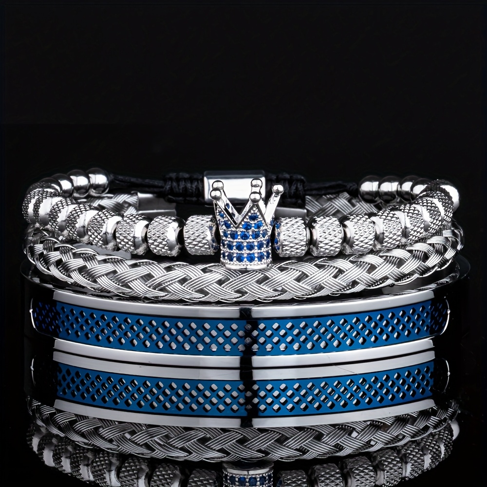 Image of Luxury Set Handmade Men Crown Bracelets Contrast Colour Bangles Hemp Rope Open 304 304 Stainless Steel Micro Pave Jewelry