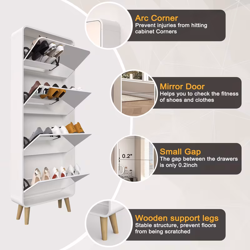 your entryway 4 drawer mirrored shoe cabinet space saving narrow organizer with flip lids wood legs hidden storage for up to 16 pairs of shoes modern Product details 1