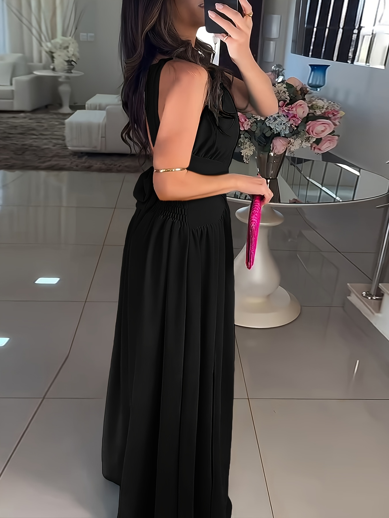 elegant halter maxi dress cross tie waist high low hem - Temu