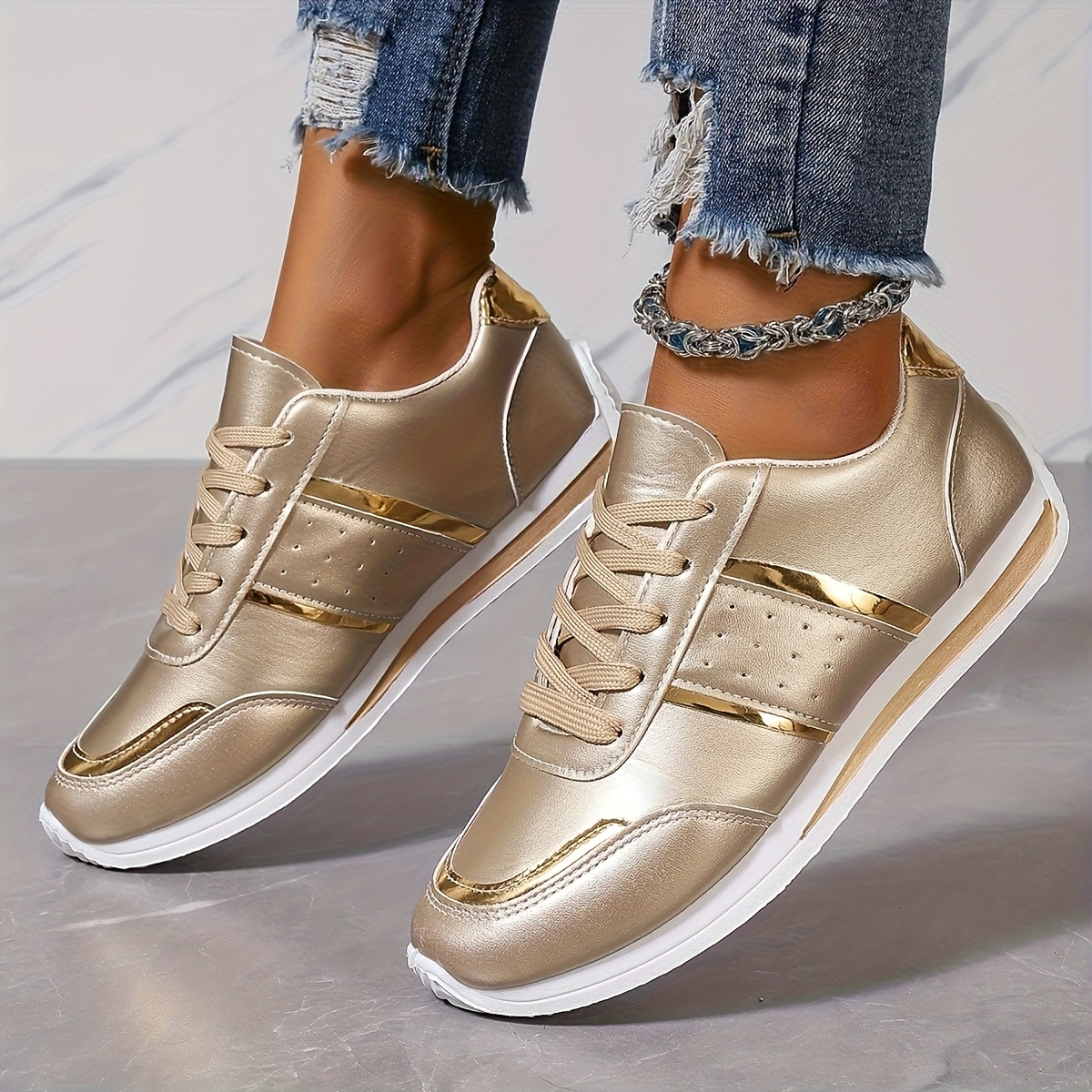 zapatillas casuales mujer acabado dorado metálico zapatos Temu
