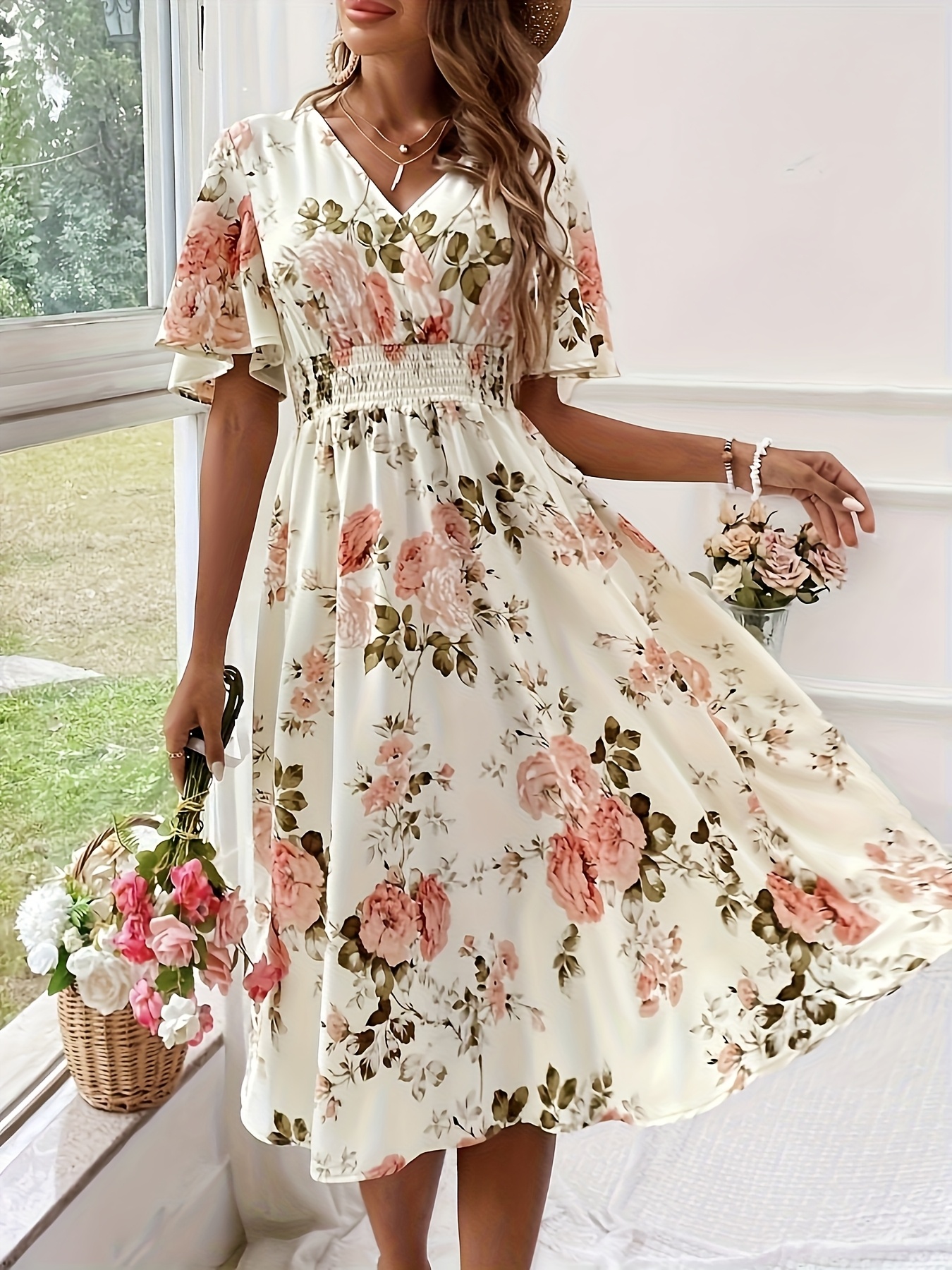 womens floral print v neck a line dress lightweight machine - Temu Oman