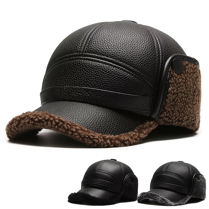 

Warm & Stylish Men's Leather Baseball Cap With Cozy Ear Flaps - , Knit Winter Hat In Black, Brown, And Gray