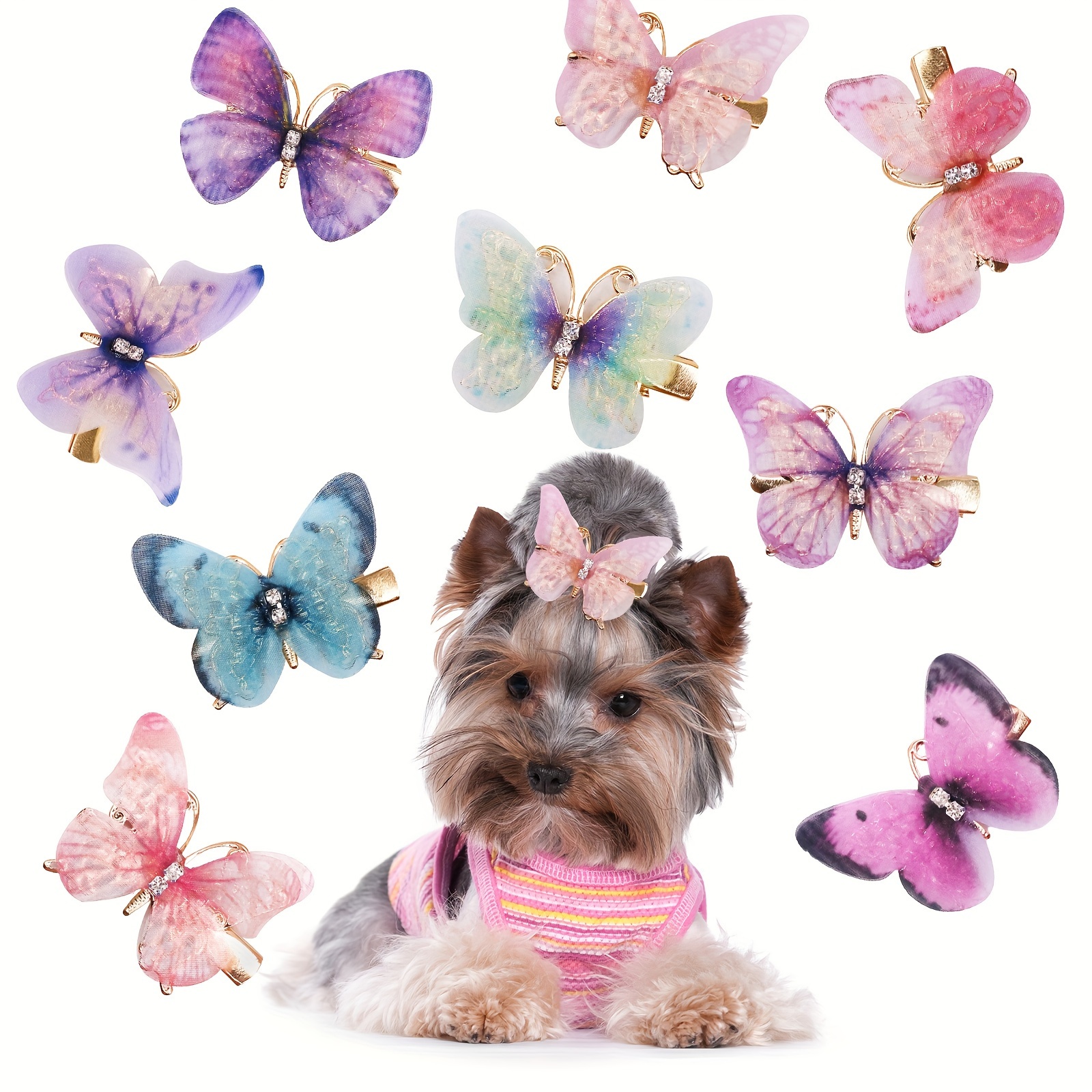 

10-pack Mixed Color Double Layer Sheer Butterfly Hair Clips With Rhinestones For Cats And Dogs - Classic Cute Pet Hair Accessories