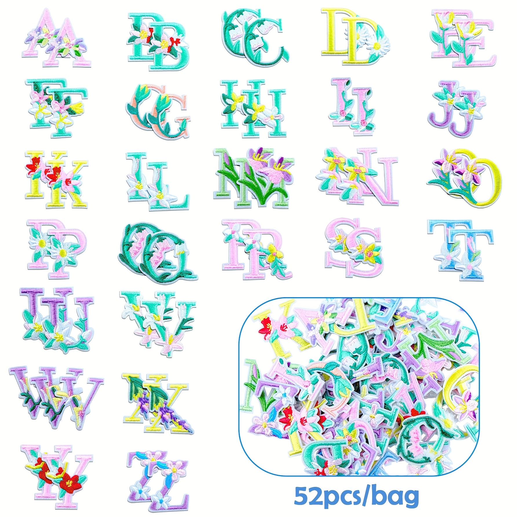 52floral Letter Embroidered Patches, Diy Stylish Ironing/sewing Decals For Jeans, Jackets, Hats And Bags