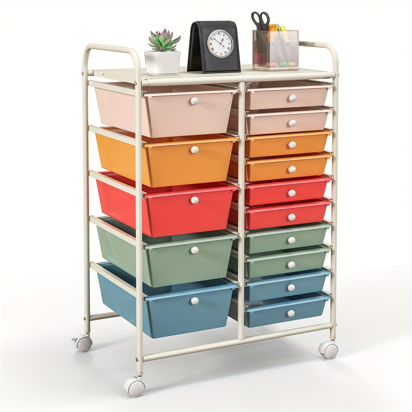 item picture   15 drawer rolling storage cart with locking wheels multicolor opaque plastic drawers   2 sizes 5 large 10 small space saving organizer for home office kitchen bathroom easy   item holder modern aesthetic   construction