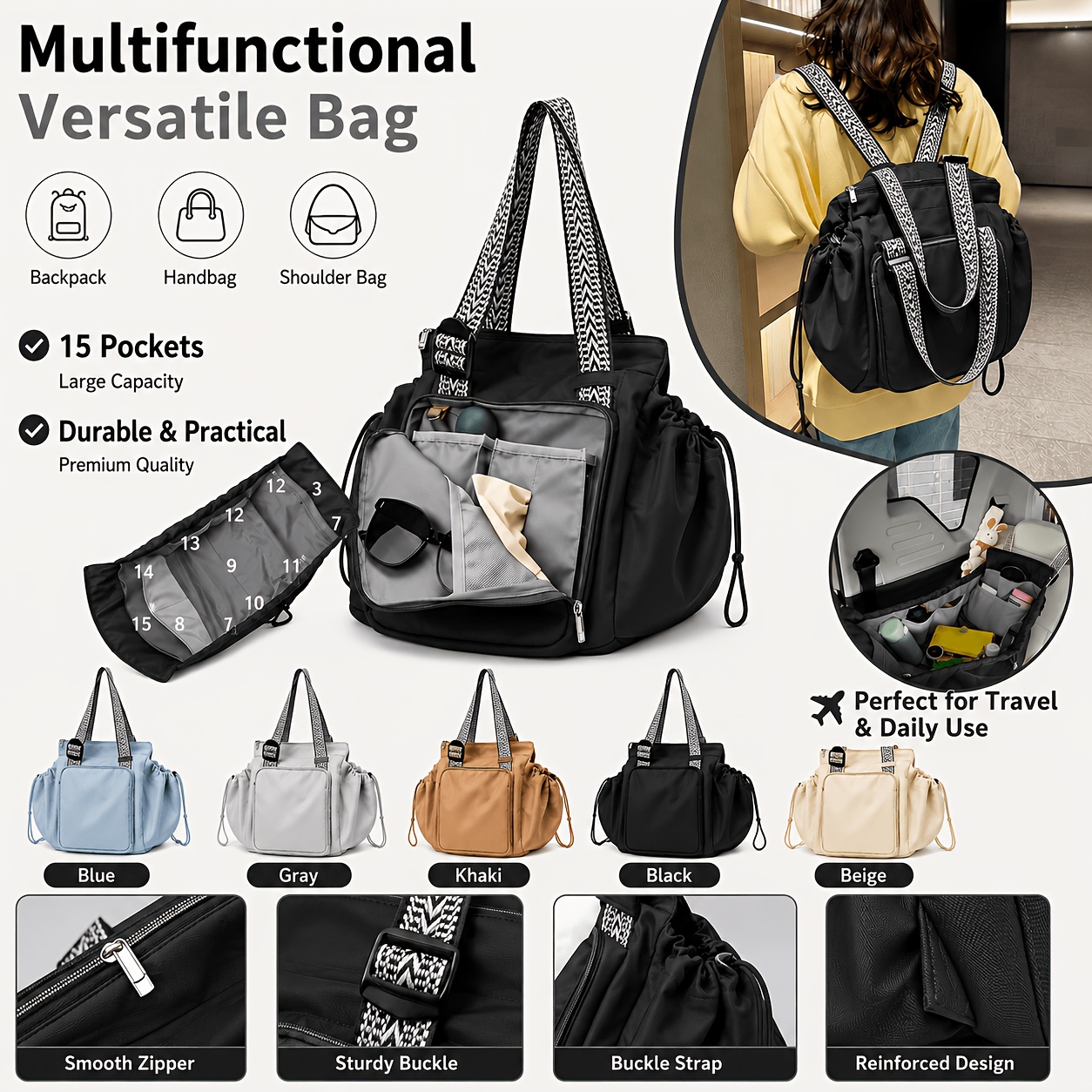 TEMU Brand 2026 Handheld Gym Bag, Expandable Mom Diaper Bag, Solid Color Simple Backpack, Suitable For , Daily Commuting, And Travel, Large-capacity