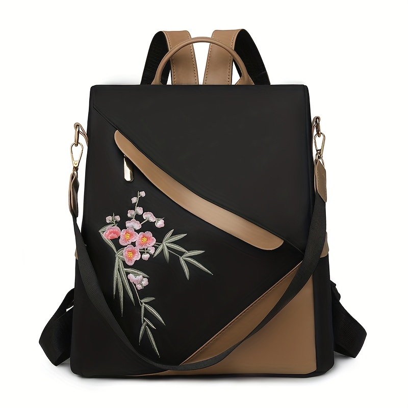 E-shop Damen Vintage Nylon Rucksack mit großem Fassungsvermögen und floralem Stickmuster, eine Schultertasche im College-Stil