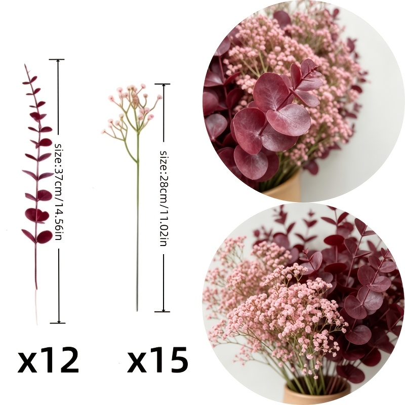 TEMU 27pcs Artificial Decorative Flower Set, 12pcs Dark Red Eucalyptus Branches And 15pcs Pink 's Breath Faux Flower Branches. Suitable For Vase