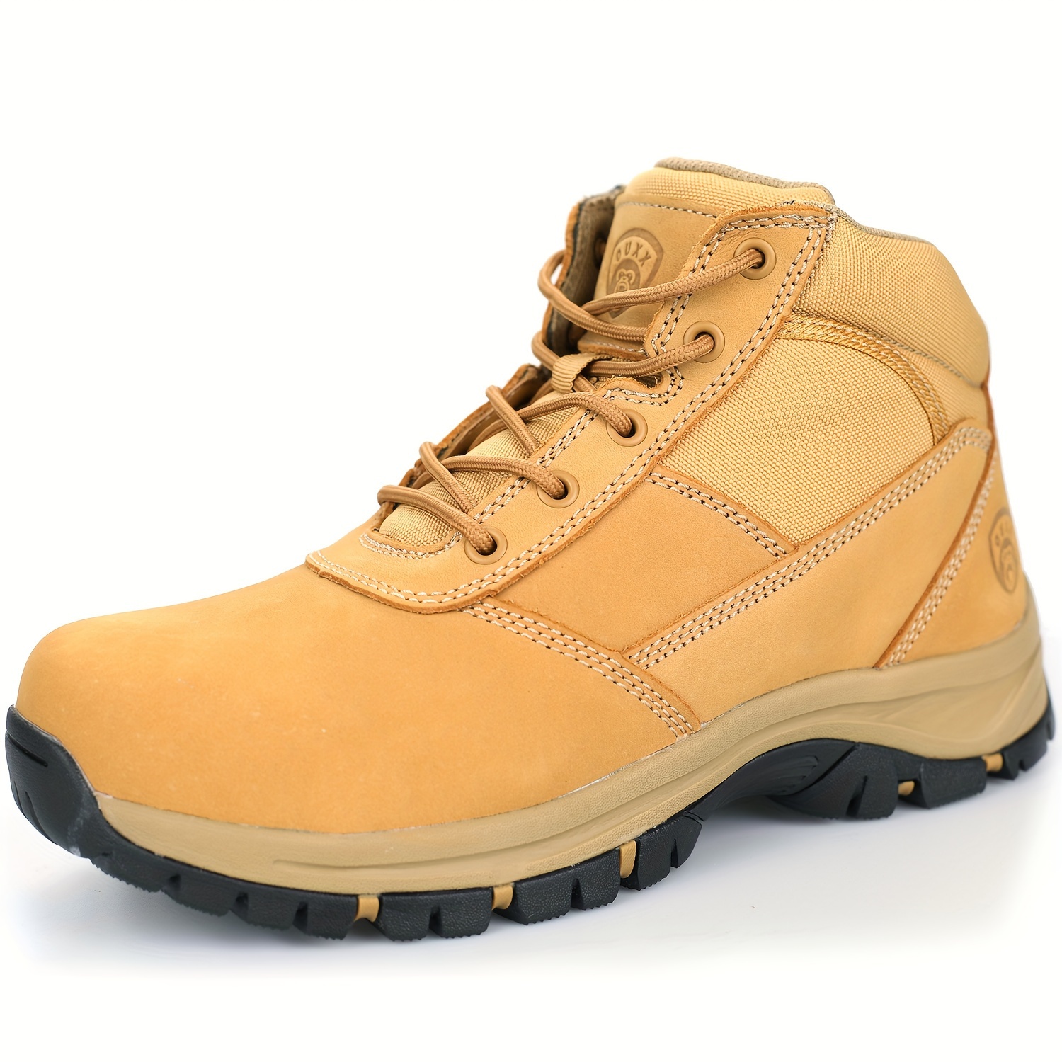 

Men's Mid-top Work Boots, Ykk Zipper, Steel Toe, Anti-slip Rubber Sole, Genuine Leather Upper, Puncture-proof, Solid Color Footwear With Round Toe And Insole