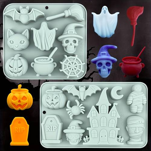 1pc 2pcs silicone halloween themed chocolate mold skull pumpkin bat broom and candy baking tray for dessert gummy pastry jelly fondant cake decoration cupcake topper wax candle halloween party