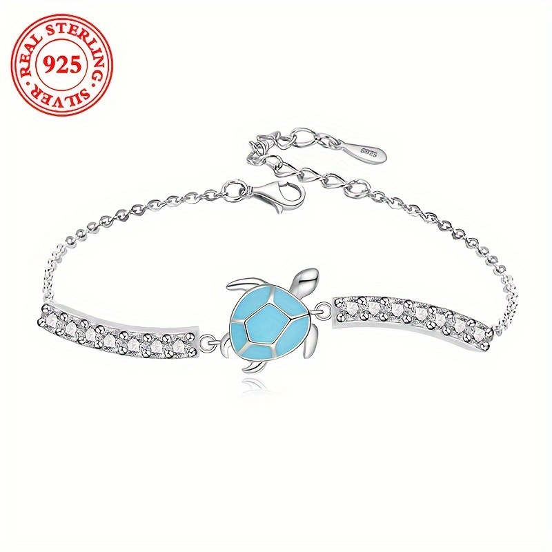 

925 Sterling Silver Turtle Bracelet With Blue Ocean-inspired Enamel And Sparkling Crystals, Cute Vacation Style Women's Fashion Chain, Lightweight 4g/0.141oz Jewelry Accessory