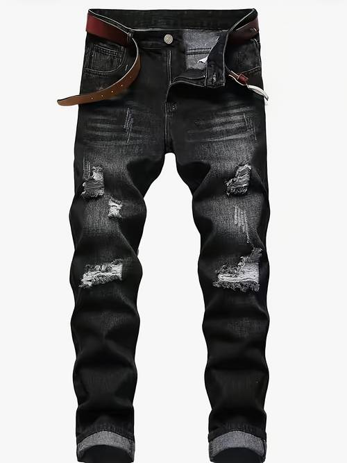 mens distressed wash pants with knee or elbow black ripped casual jeans for wear machine washable non for