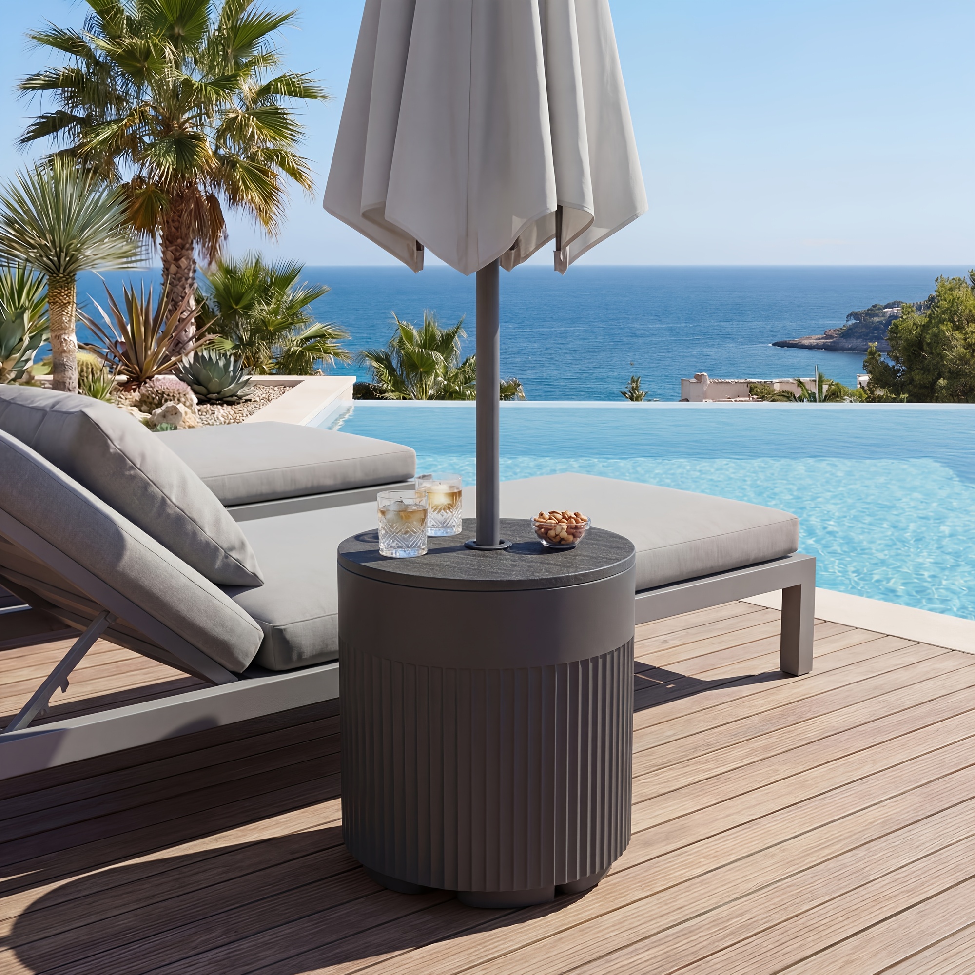 14.6in Patio Umbrella Base Side Table, Black Outdoor Umbrella Stand with Tabletop - 2-in-1 Heavy Duty Umbrella Holder And Accent Table for Garden, Deck, Poolside, Beach