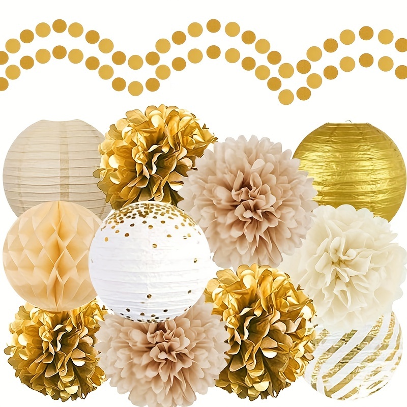 Image of 13pcs Party Supplies Set - White And Decorations, Including Tissue Pom-poms, Paper Lanterns, Honeycomb Balls And Paper Dot Garlands - Perfect For Weddings, Birthdays And Home Decor