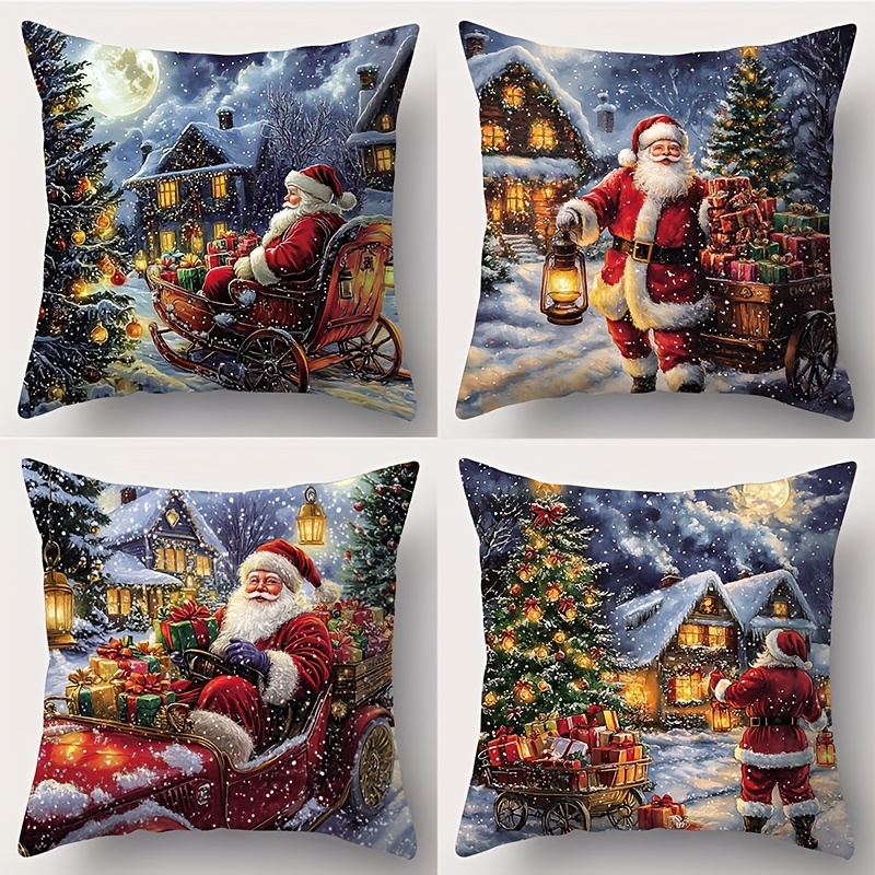TEMU 4pcs, Christmas-themed Warm Gift Featuring Santa Claus, Christmas Tree, Sled, Reindeer, And Gift Design Pillowcase, Measuring 17.72 X 17.72