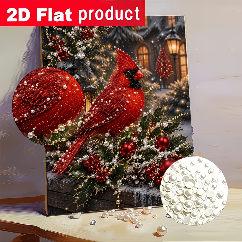 TEMU New Autumn/winter Diy Colored Pearl Diamond Painting Kit: Bird In Red Feathers With Pearls And Diamonds Against A Winter With Christmas