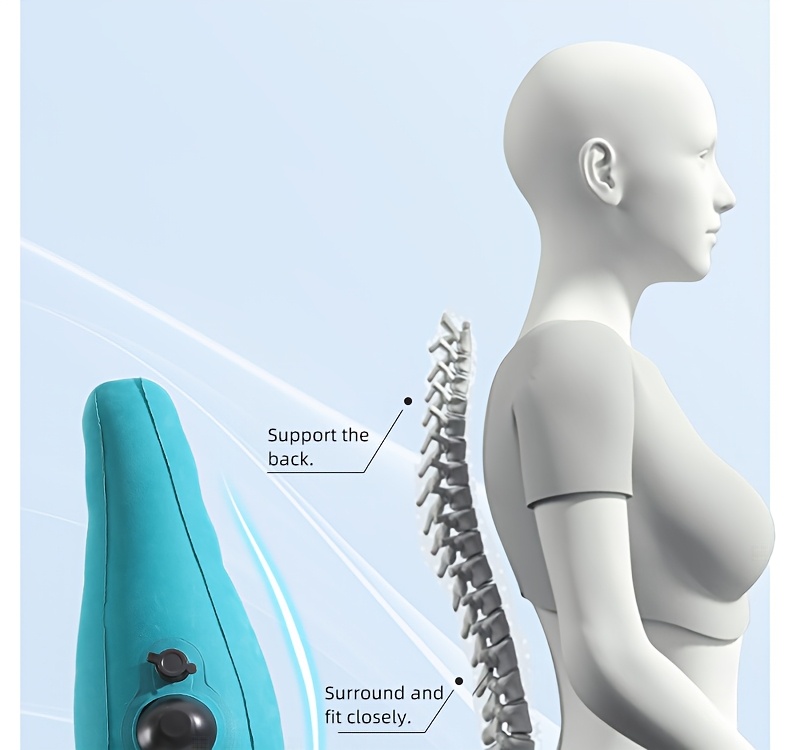 teal inflatable lumbar support pillow ergonomic   with pressure relief design for long distance flights high speed trains office use washable synthetic fiber   season   flight   accessory   design inflatable travel pillow Product details 10