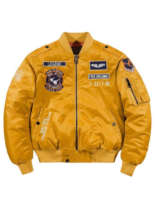 yellow jacket multi badge embroidery back print loose fit unisex trendy casual outerwear