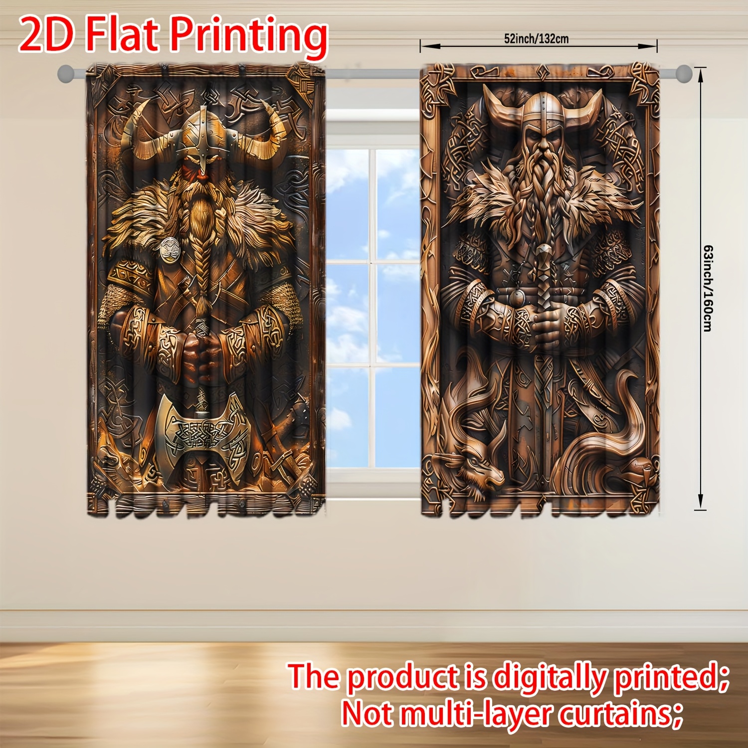 TEMU Kaitong 2pcs 2d Flat Printing Woodcarving Printed Curtain For Home Decor - Rod Pocket Window For Bedroom, Office, Kitchen, Living Room, And
