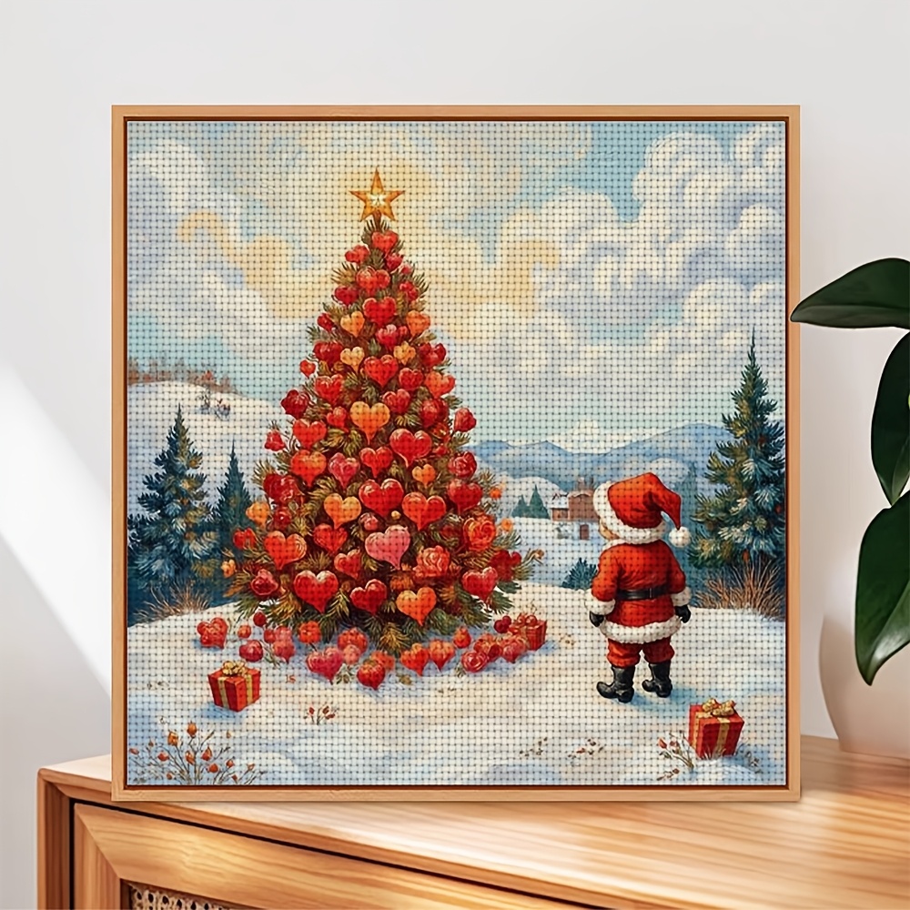 DIY Printed Cross-Stitch Kit, Santa Claus and Heart-Shaped Christmas Tree Pattern