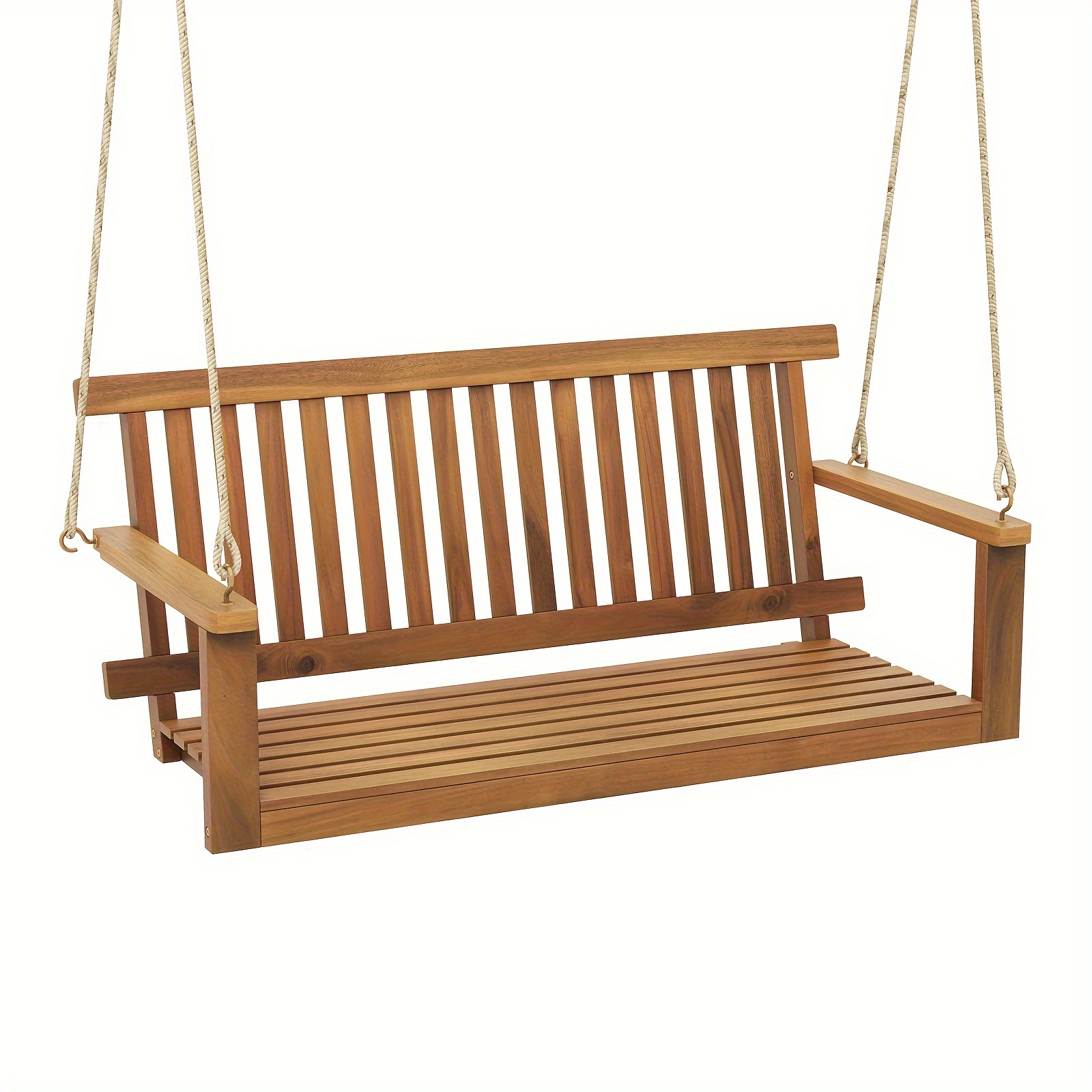 

2-seat Porch Swing Bench Acacia Wood Chair W/ 2 Hanging Hemp Ropes For Backyard