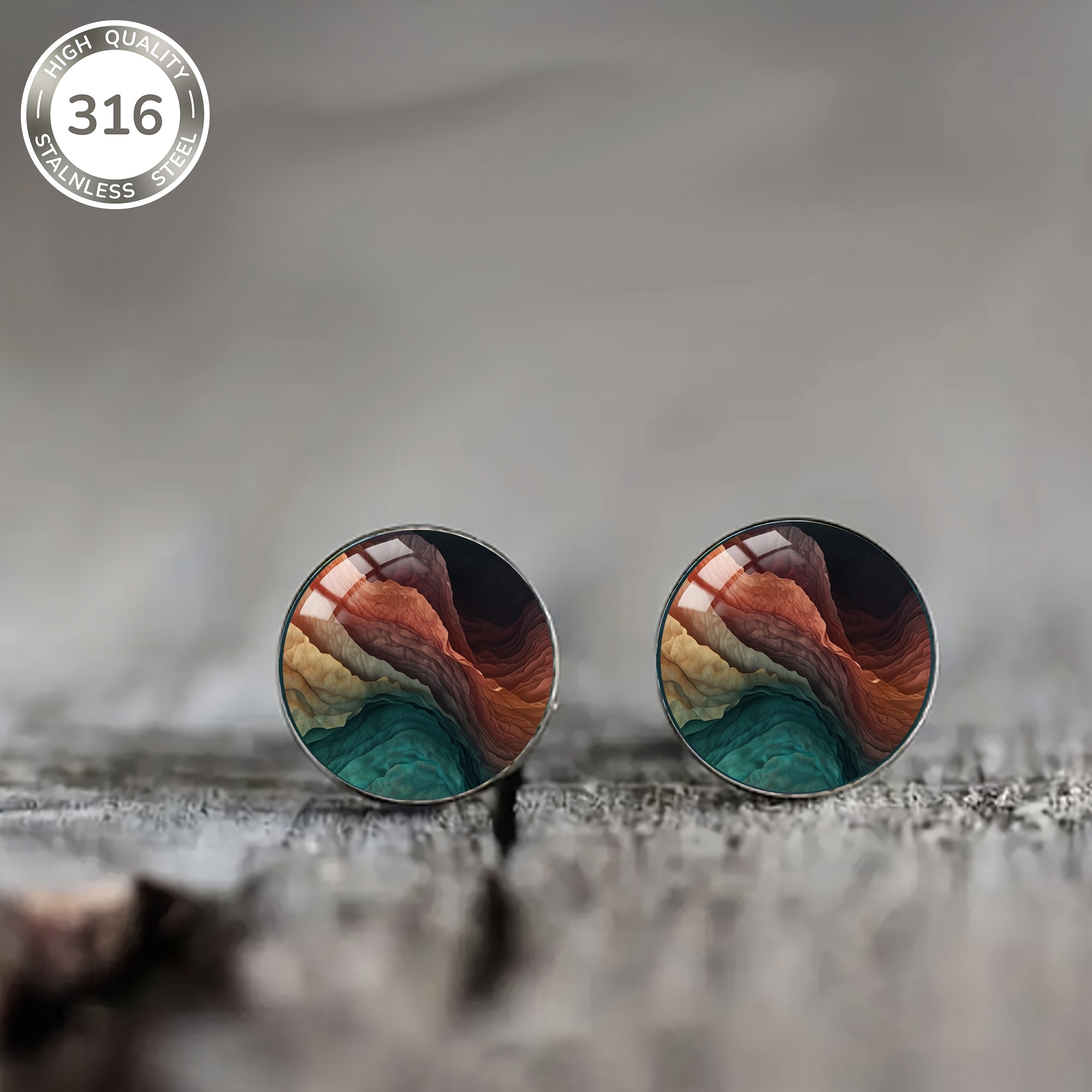 A Pair Of Green And Brown Wave-patterned Steel Stud Earrings, Featuring A Vintage Elegant Style Suitable For Men And Women For Everyday And Party Wear Jewelry