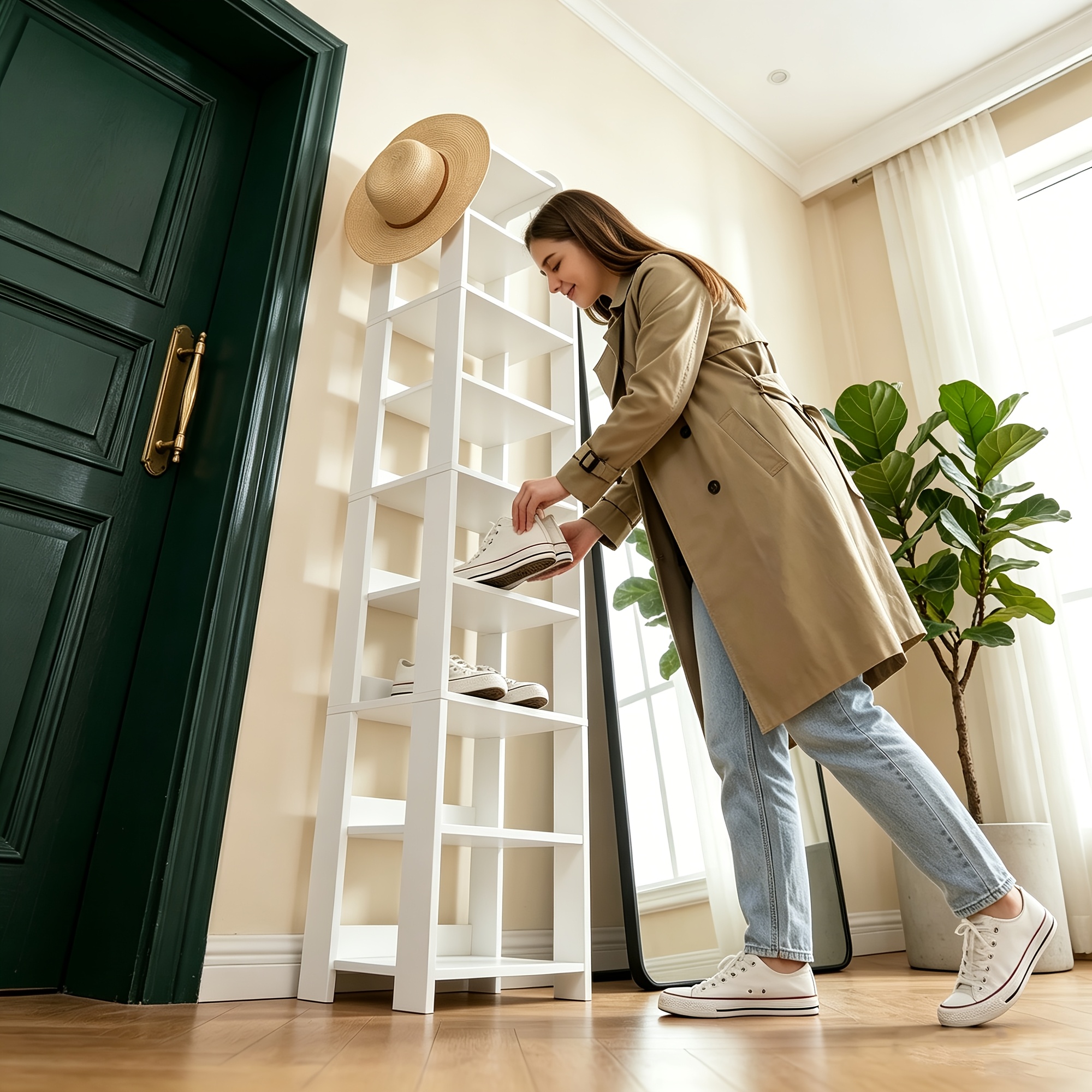 White 9-tier Wooden Standing Shoe Rack With Adjustable Shelves And Side Hooks. Space- Shoe Rack For Small , , And Wardrobes.