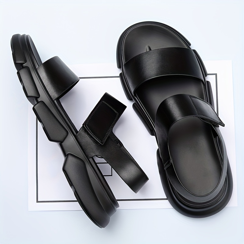 

Men's Fashion Solid Open Toe Sandals With Microfiber Leather Uppers, Non Slip Comfy Summer Sandals With Hook & Loop Fastener For Outdoor