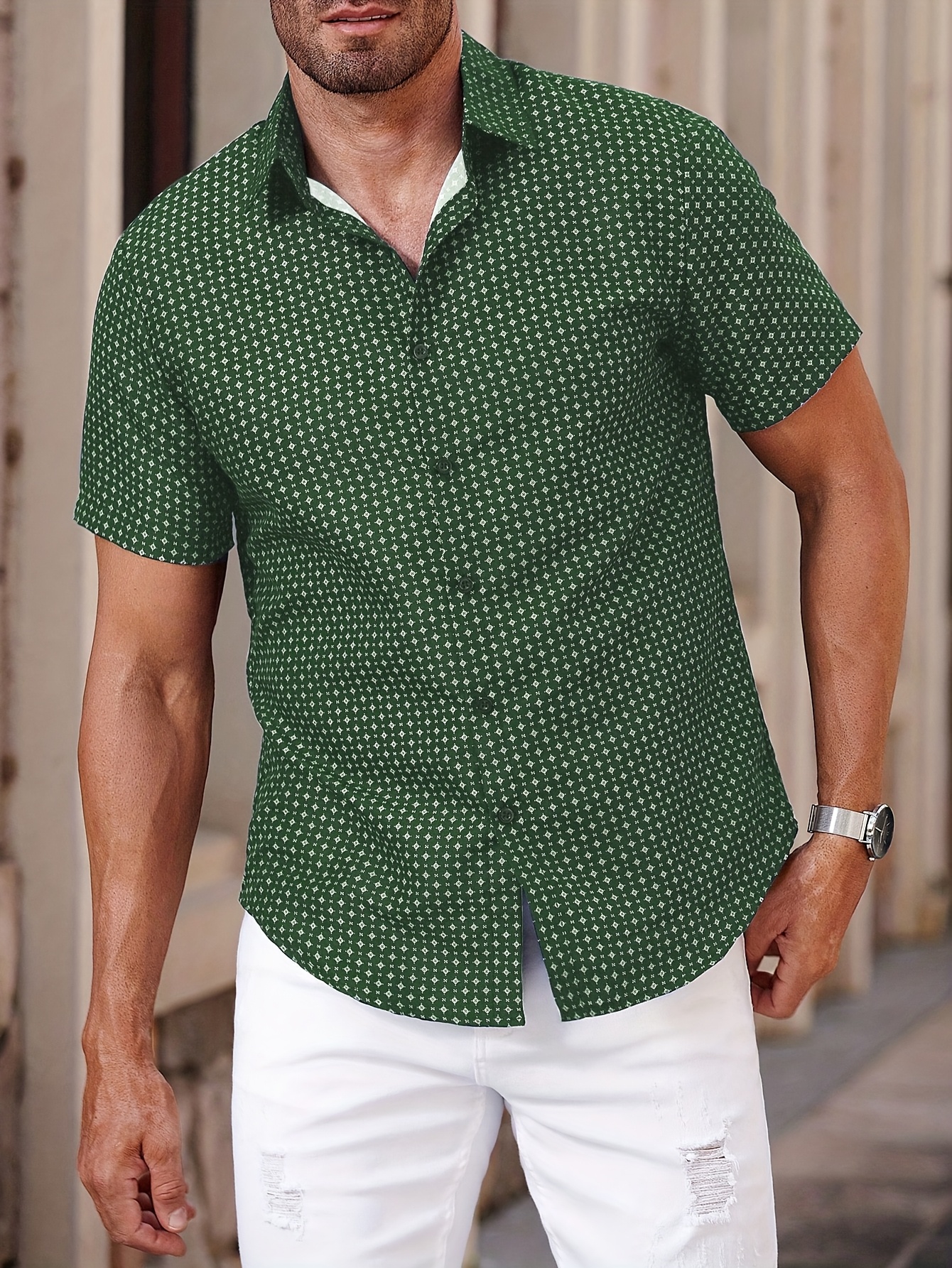 men's casual printed short sleeve shirt breathable polyester