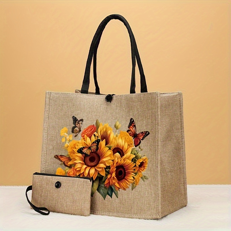 

2pcs Sunflower Butterfly Pattern Tote Bag Set, Lightweight Burlap Shopping Bag, Portable Travel Beach Bag With Makeup Bag