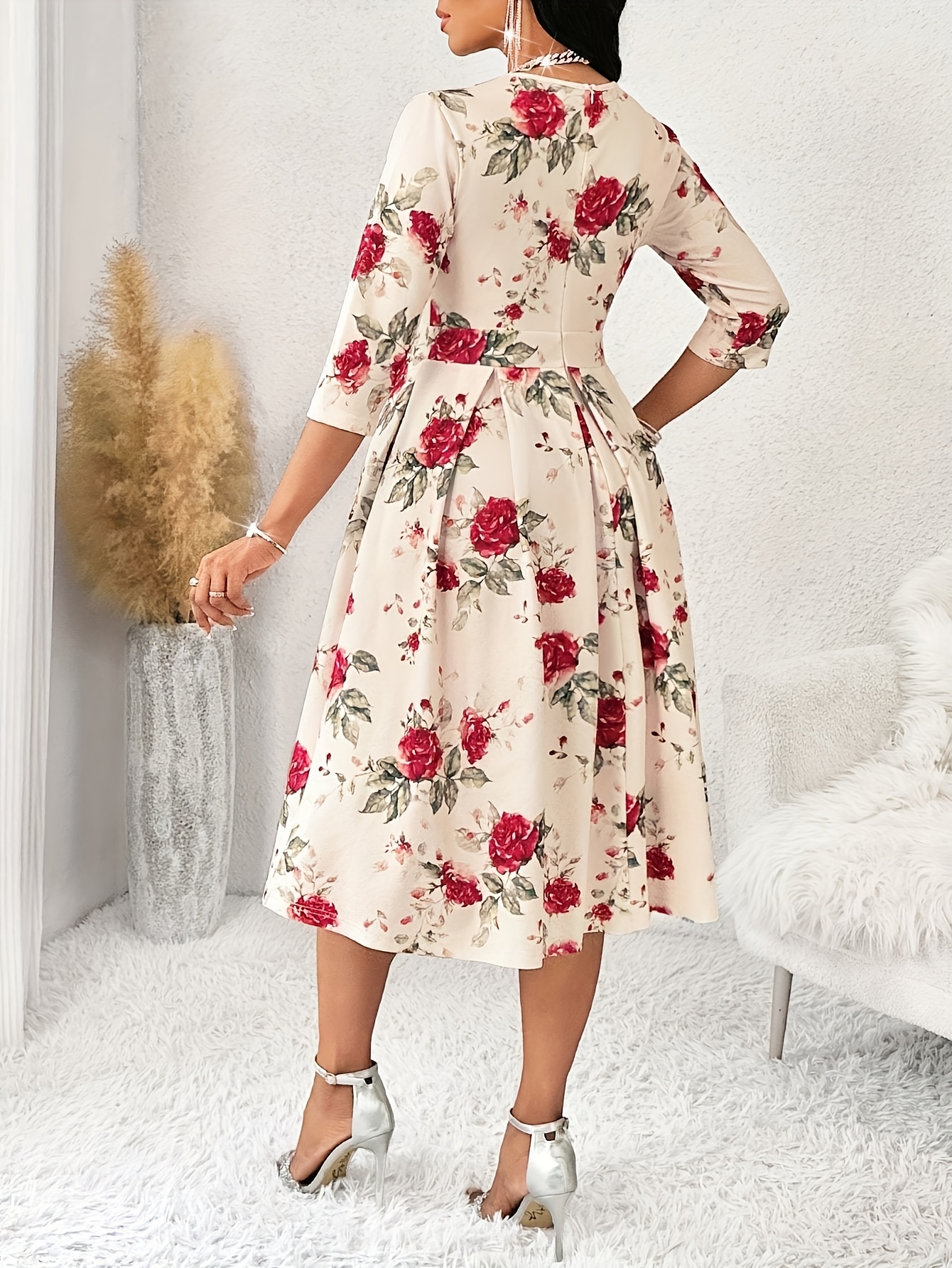 womens vintage floral print a line dress round neck three - Temu Nigeria