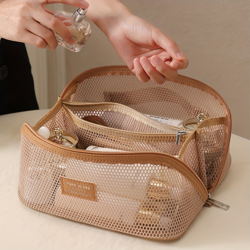 Stylish Mesh Cosmetic Bag Travel Breathable Handheld Beach Bag Large Capacity Portable Multi-functional Wash Bag High-end Beauty Tool Storage Bag