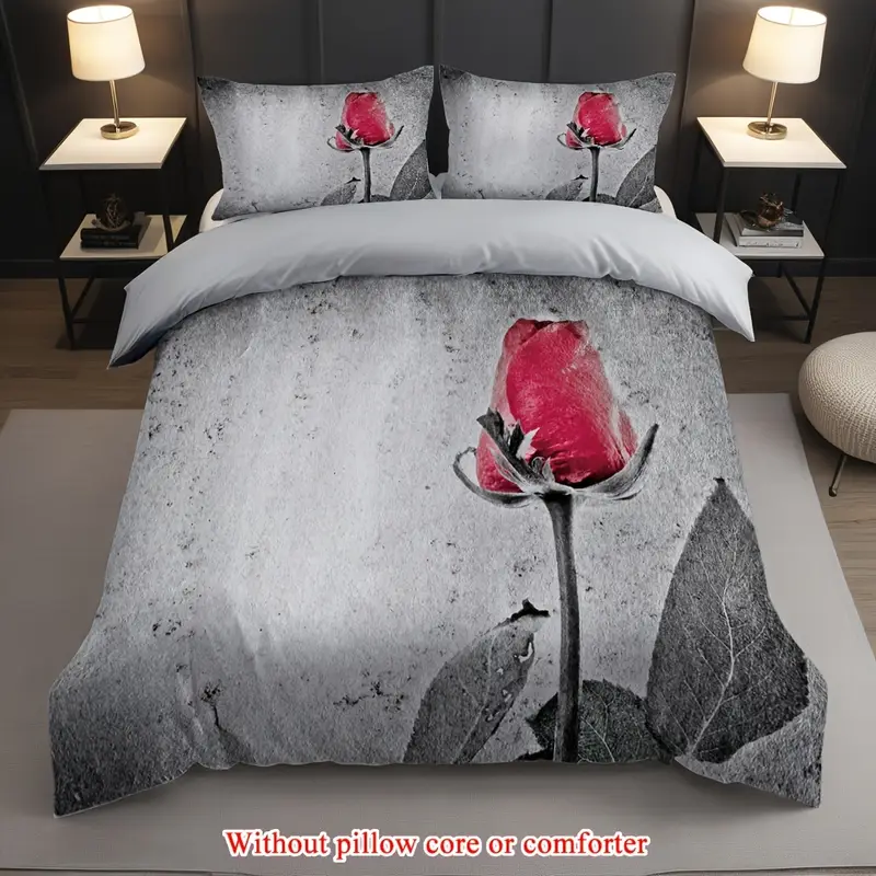 2 3pcs 1 duvet cover 1 2 pillowcase without core retro grey background red rose flowers valentines day couple print soft comfortable bedding set for bedroom dorm room family gift Product details 1
